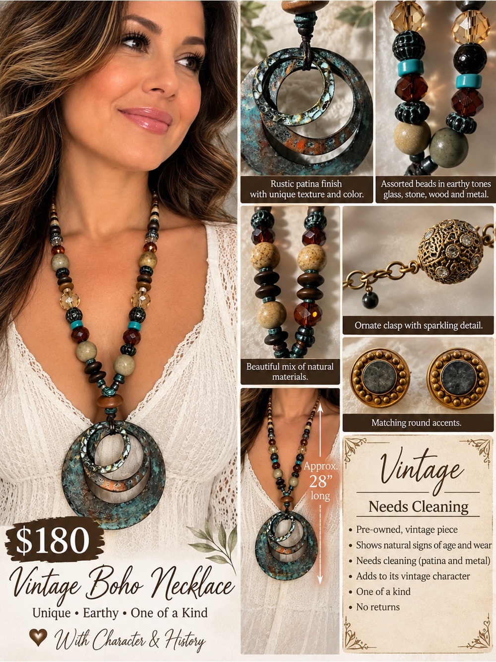 Vintage Boho Pendant Necklace in Turquoise and Earth Tones-needs cleaning